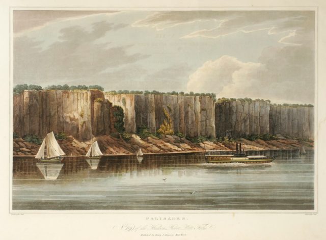 engraving of the Palisade Cliffs as seen on a NYC fall foliage cruise