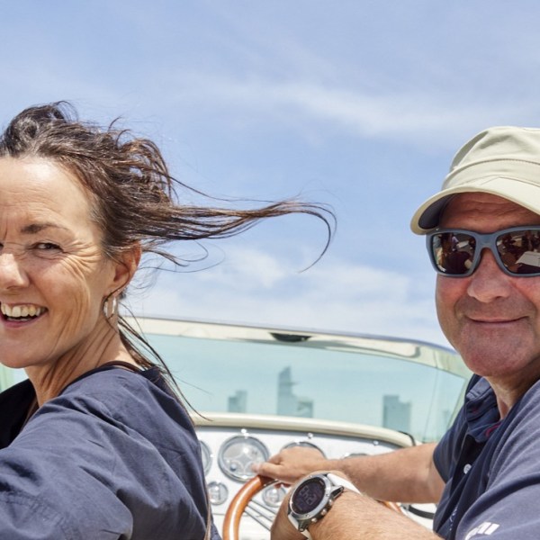 charter boats captain and crew in NYC wearing blue shirts