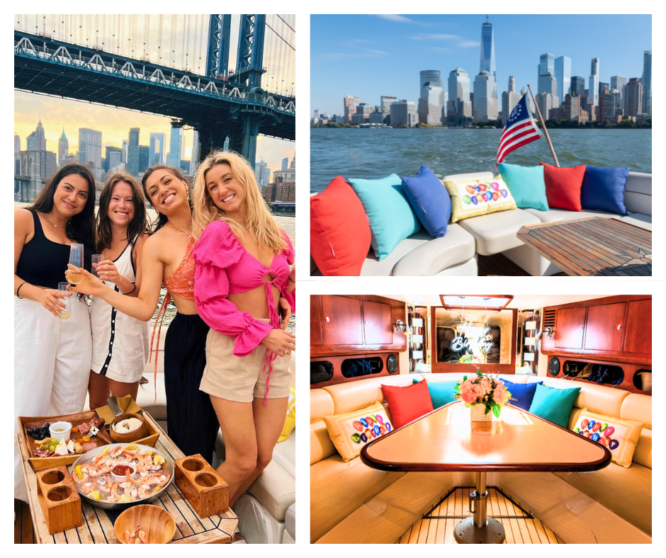 women rent boat for party with decorations and pillows and catering and champagne and the NYC skyline in the background