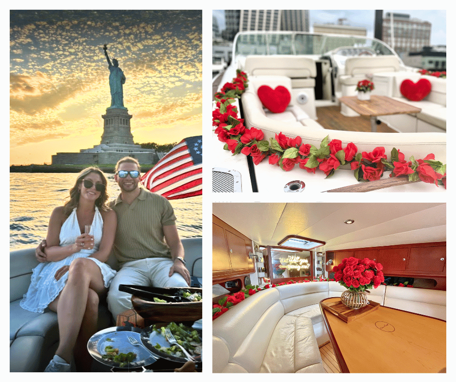 photo montage with a couple during a romantic boat ride in NYC at sunset with rose garlands, bouquets, and heart pillows