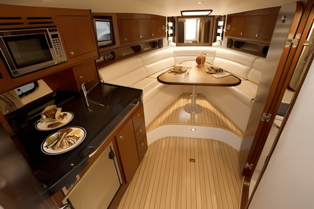 Interior of a boat charter cabin with a kitchen and dining area featuring wood cabinetry and a dining table for 6 people.