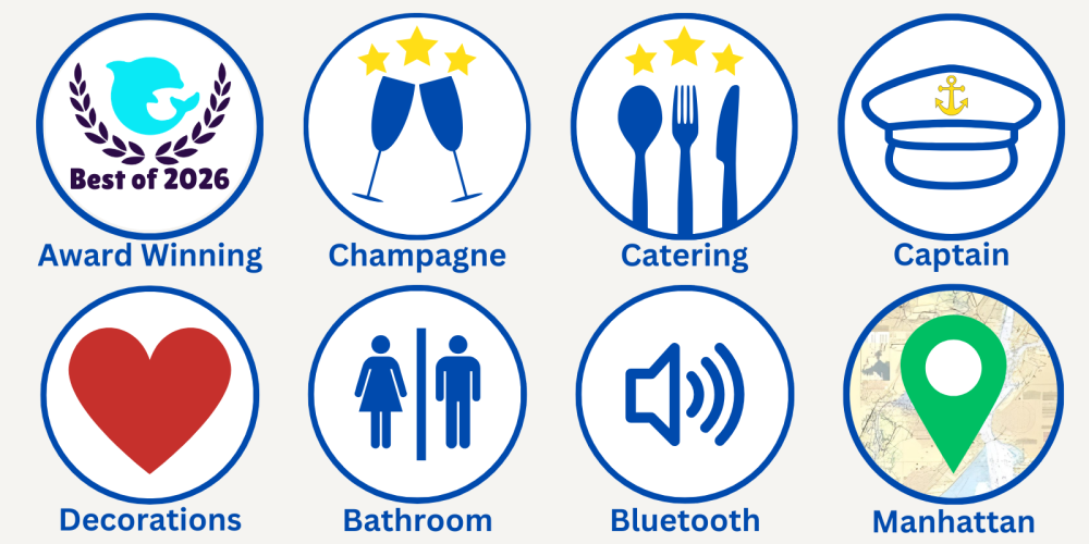 Eight icons including award, champagne, catering, captain, heart, bathroom, speaker, map of Manhattan.