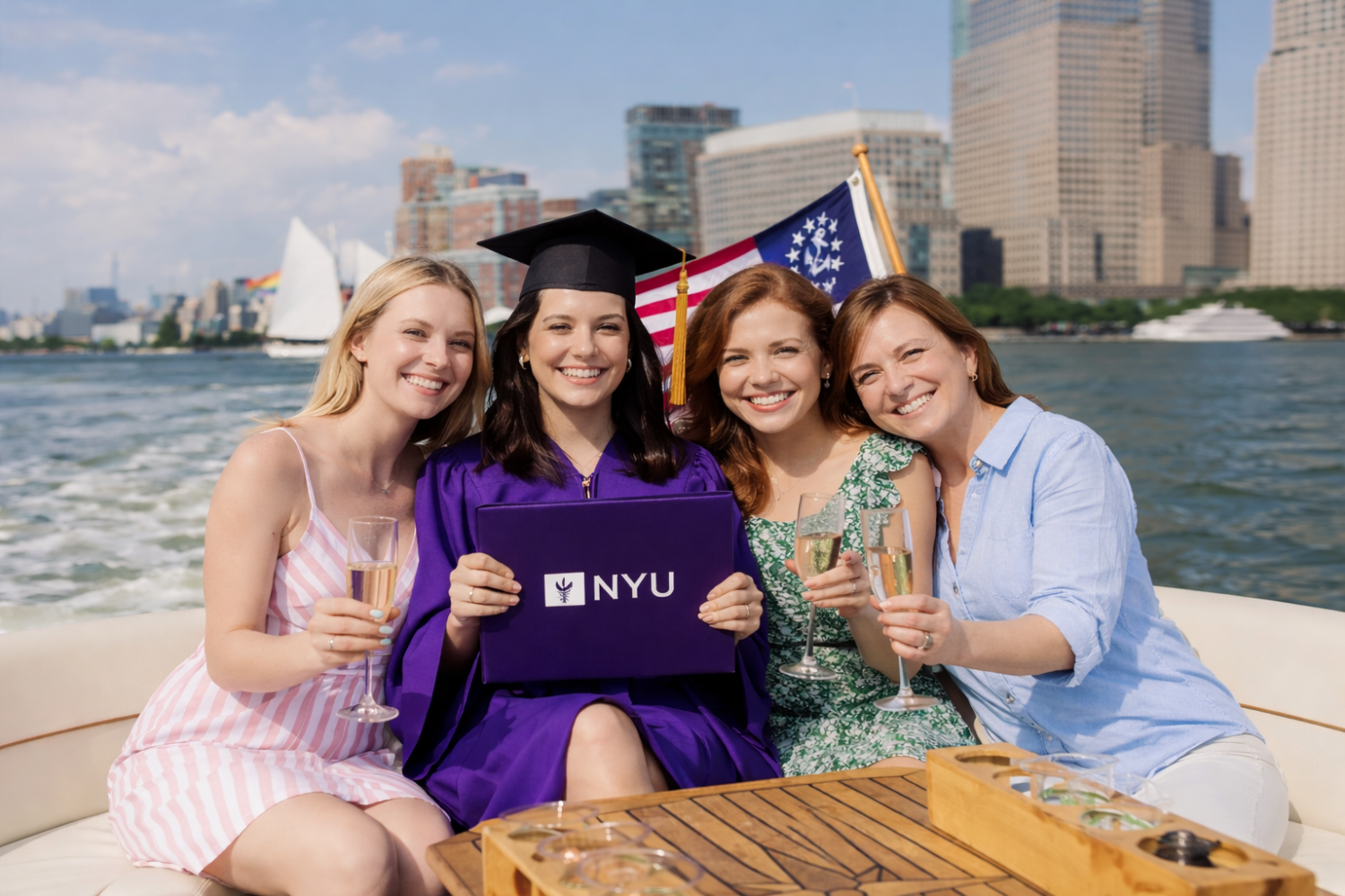 Four women, one in graduation cap and gown holding a NYU folder, and smiling on a boat party with the city skyline behind.