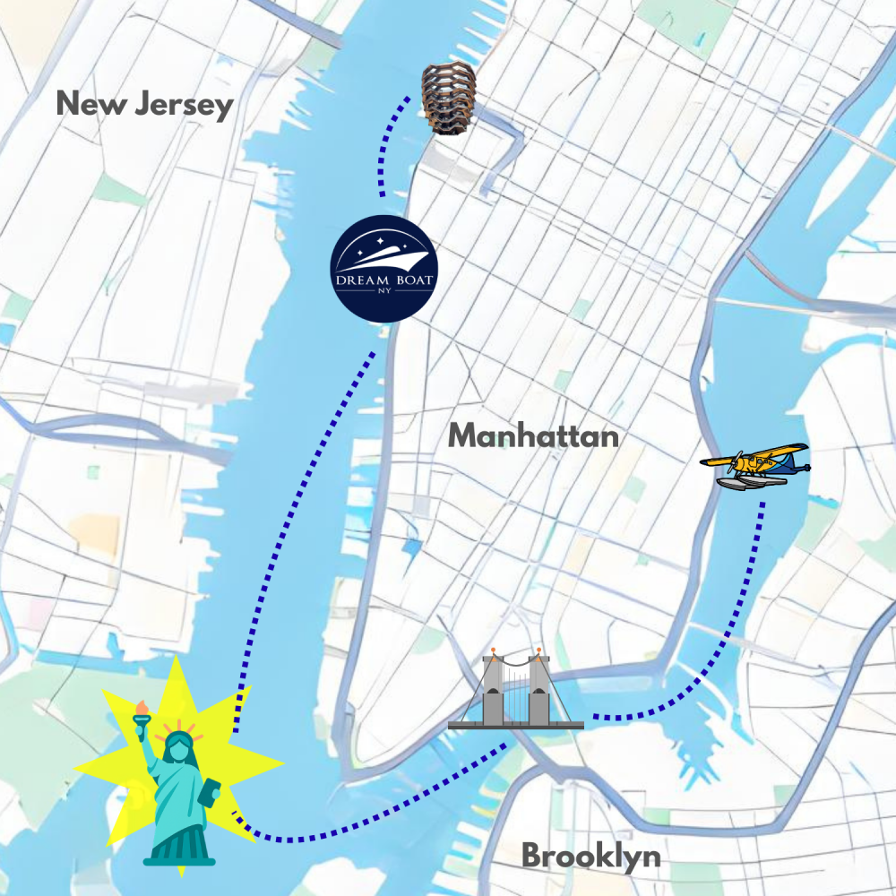 Map with marked path from Manhattan to Brooklyn, featuring landmarks like the Statue of Liberty and a seaplane.