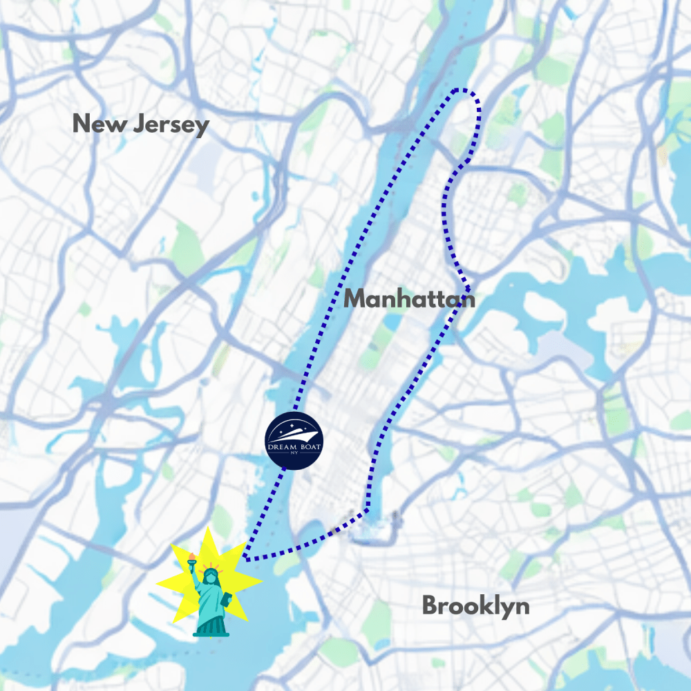 Map showing boat tour route around Manhattan with Statue of Liberty icon.
