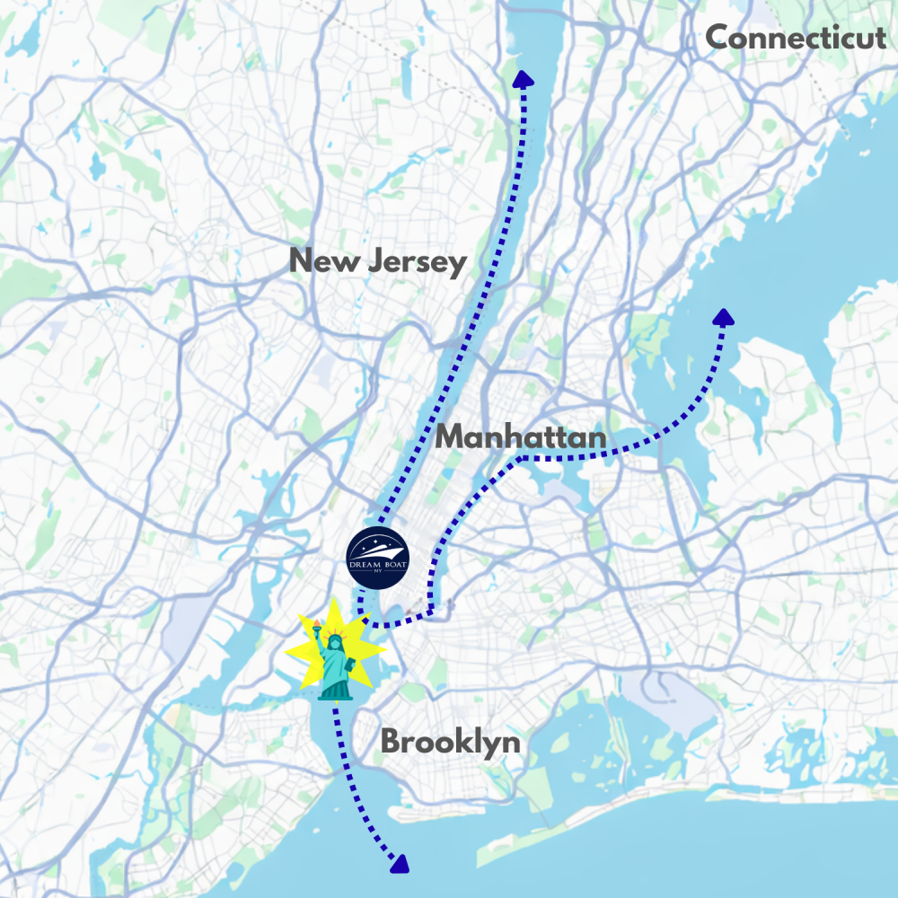 Map showing boat routes around Manhattan, New Jersey, and Brooklyn with a Statue of Liberty icon.