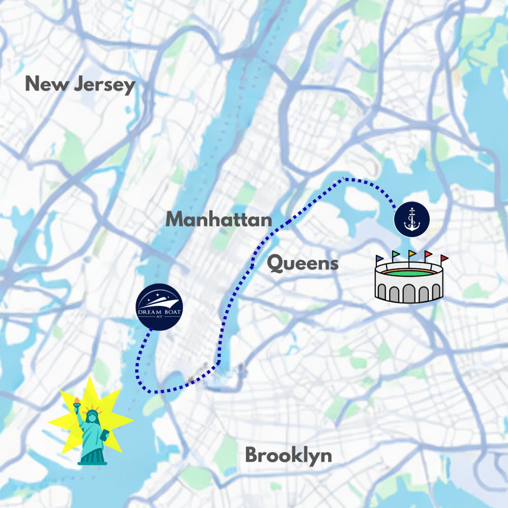 Map of NYC showing boat charter route from Chelsea Piers to US Open stadium in Queens, passing Manhattan and Brooklyn.