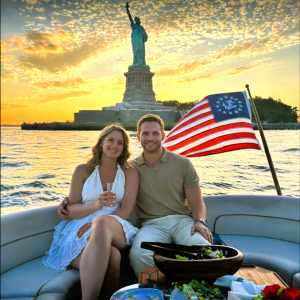 Couple on a private yacht with the Statue of Liberty and vintage U.S. flag at sunset during an anniversary charter in NYC.