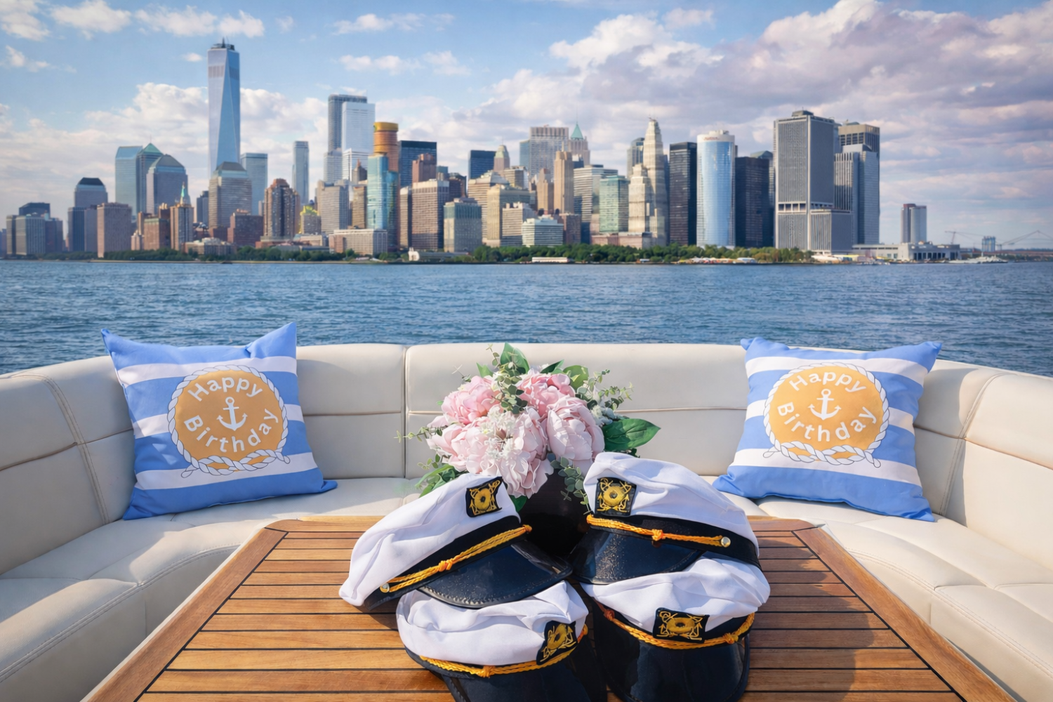 Boat rental with birthday pillows, captain hats, and NYC skyline view in the background.