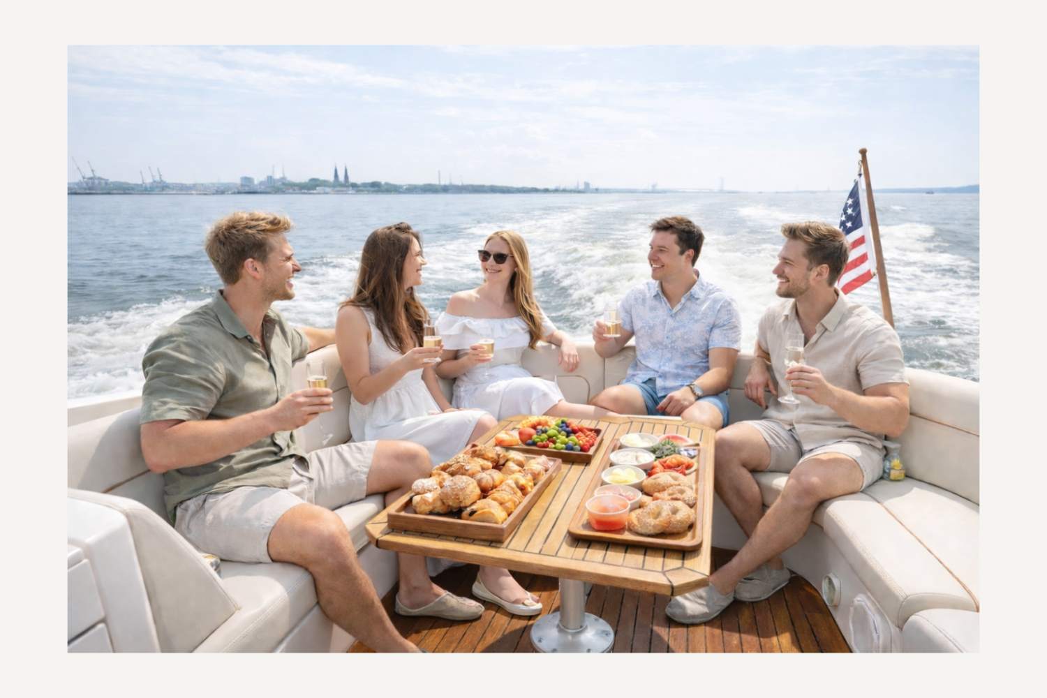 Five people enjoying brunch on a boat with a NYC skyline in the background.
