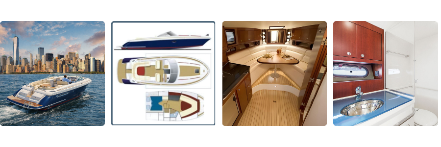Four images: chartered boat in NYC waters, boat layout, yacht cabin, and yacht bathroom with sink.