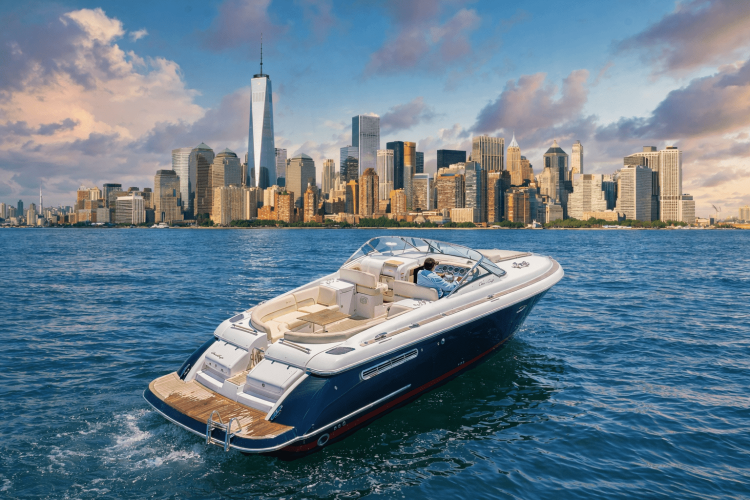 Private yacht charter NYC with Dream Boat NY, and city skyline in background under a cloudy sky.