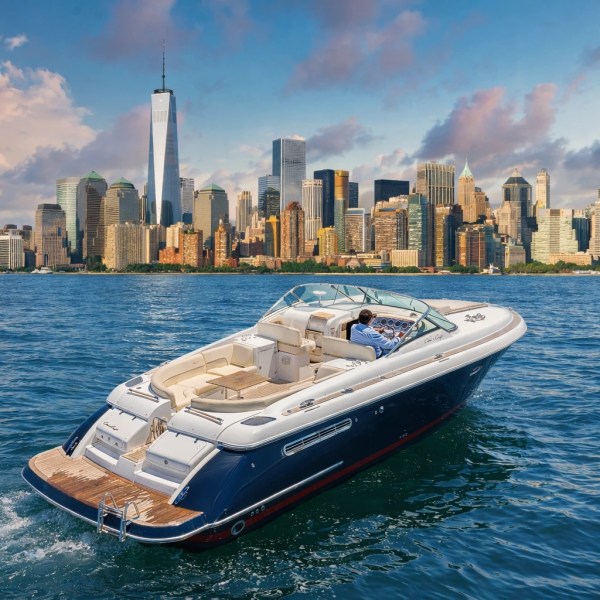 Boat on water with New York City skyline in the background under a partly cloudy sky.