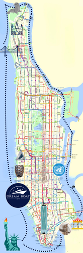 Illustrated map of Manhattan with landmarks and streets highlighted showing the route of a private boat tour.