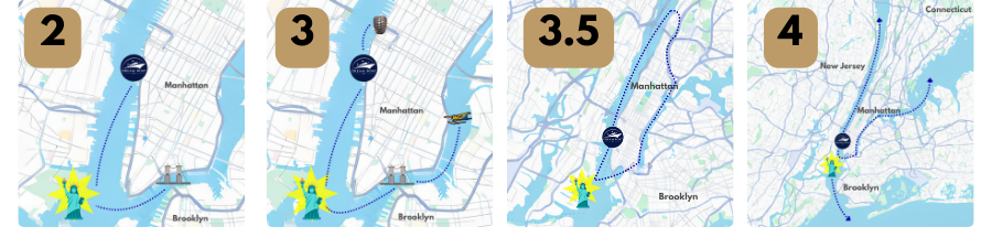 Four NYC maps with private boat tour routes marked, labeled 2, 3, 3.5, 4 hours around NYC.