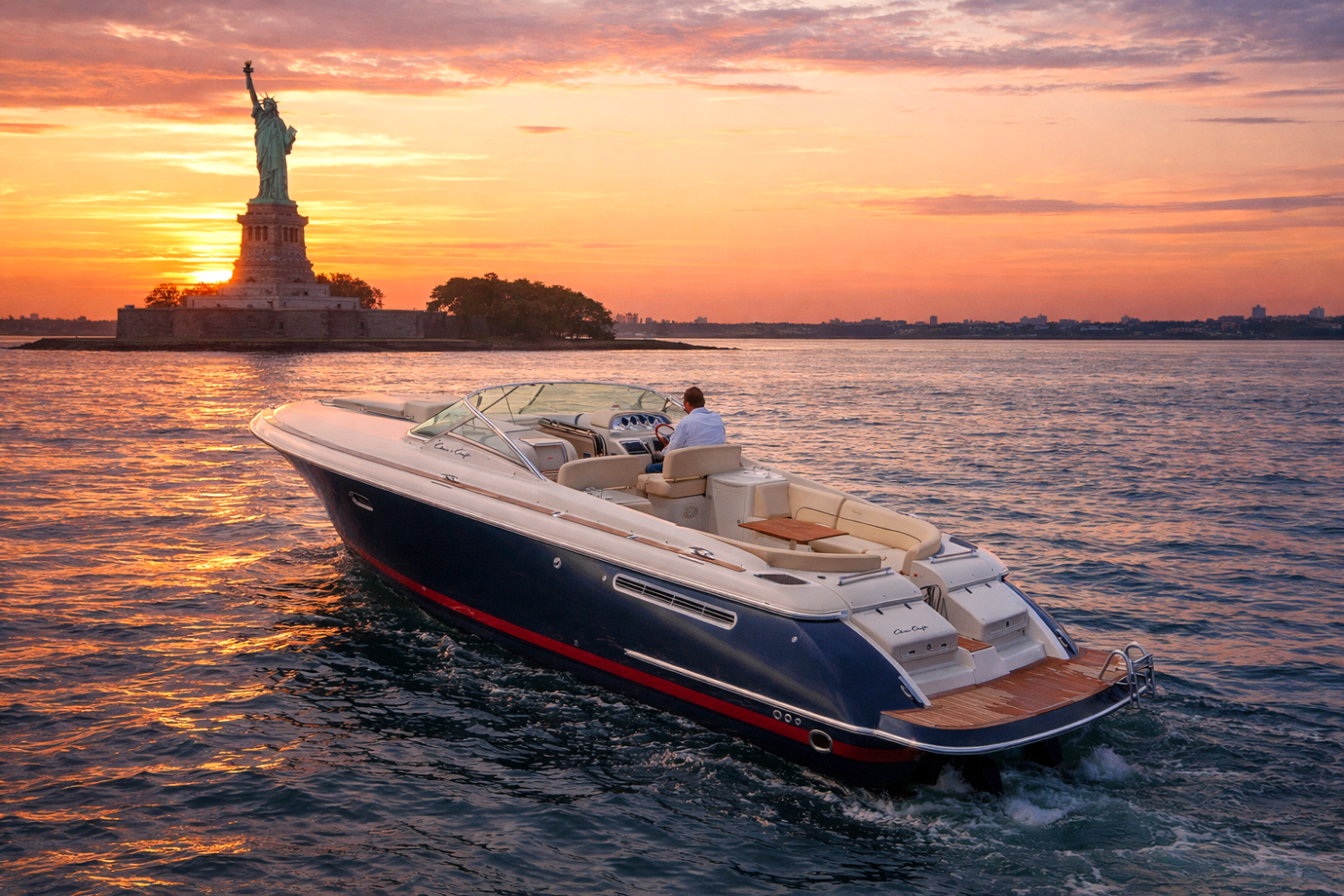 Private sunset cruise near Statue of Liberty with orange sky and reflective water.