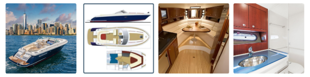 Boat on water, floor plans, cabin interior, and bathroom sink.