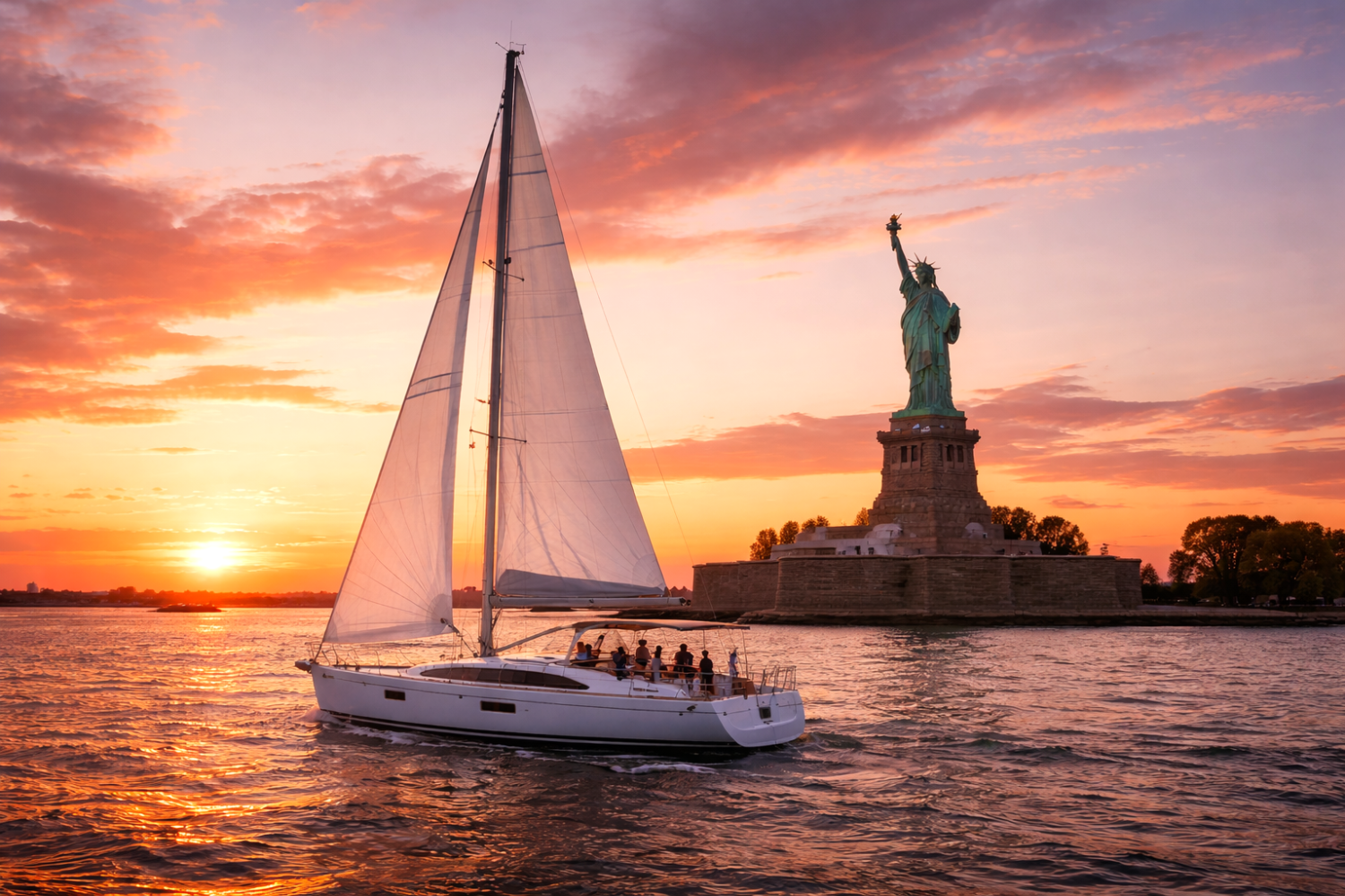 Go Sailing NYC near Statue of Liberty at sunset with vibrant sky.
