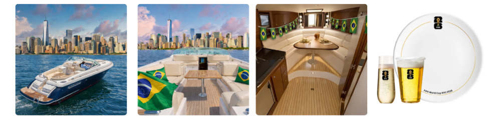 4 images: private boat with New York City skyline, deck of private yacht with Brazilian flags and pillows, interior cabin lounge with Brazilian flags, and FIFA branded glassware.