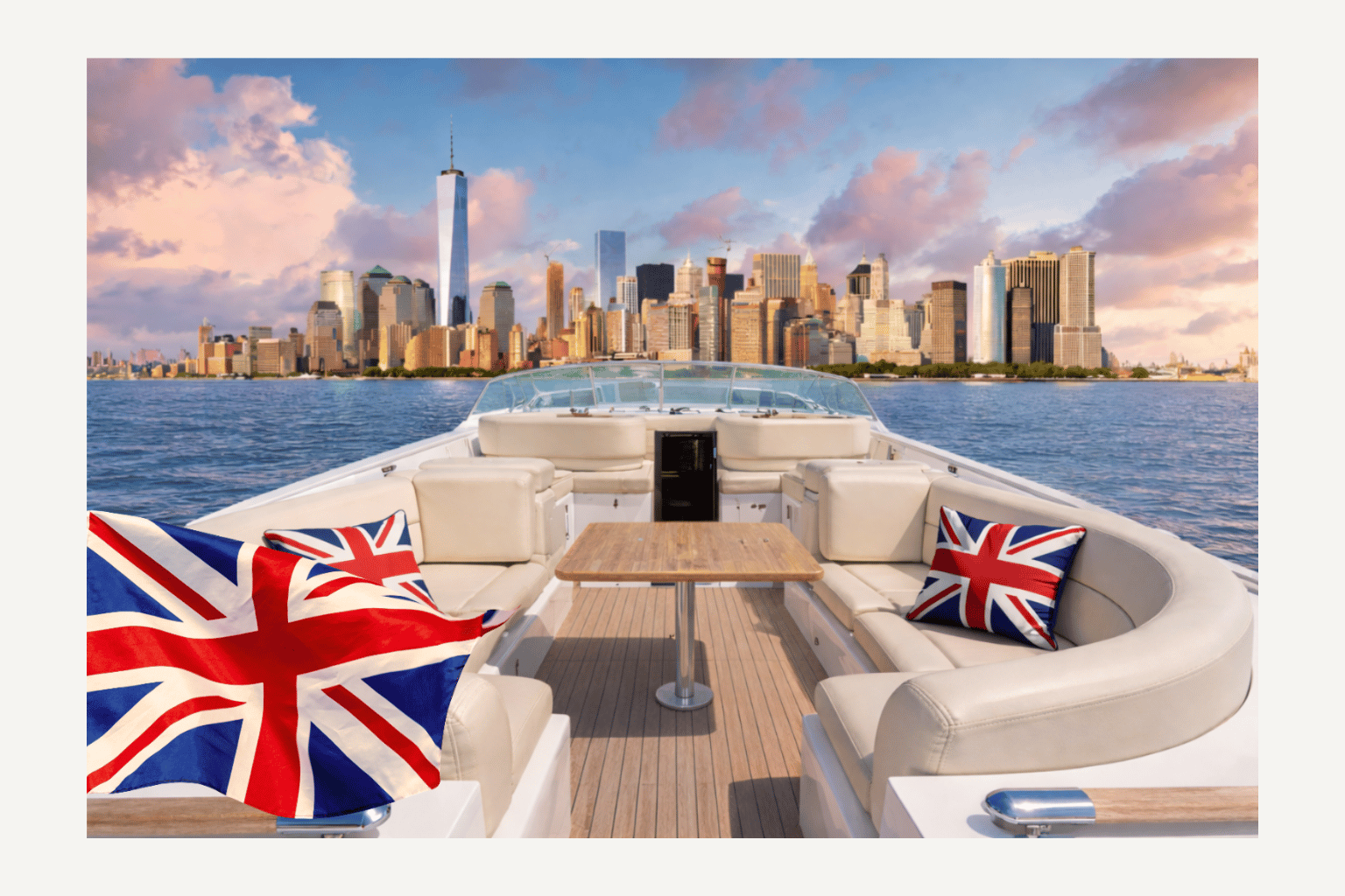 Boat charter for the World Cup with Union Jack pillows, NYC skyline in the background under a cloudy sky.
