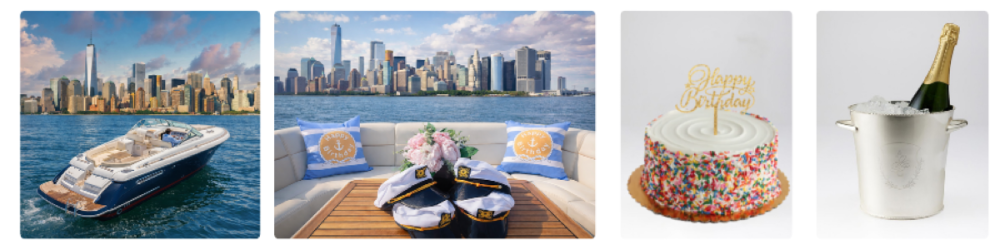 4 images: yacht near NYC skyline, yacht with captain hats and flowers, birthday cake, champagne in ice bucket.