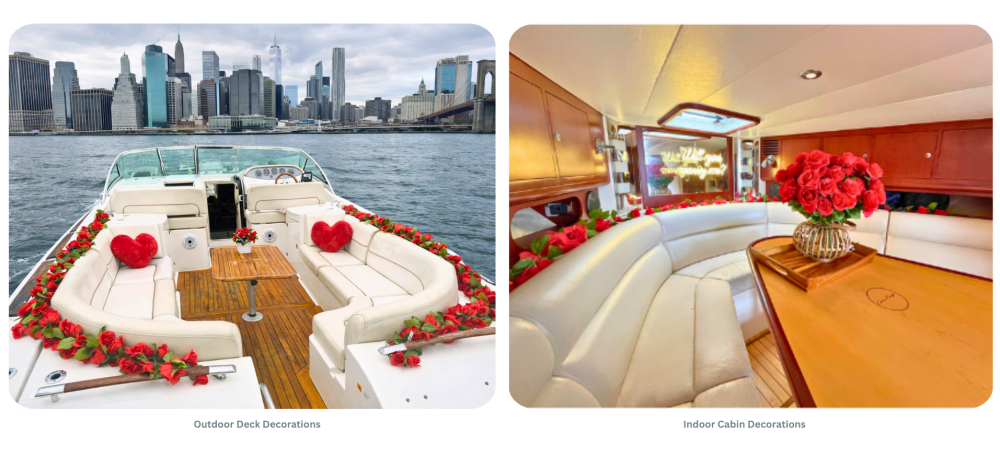 Two images of a yacht decorated with red roses for a proposal: deck with NYC skyline view and cabin with wood paneling and white cushions.