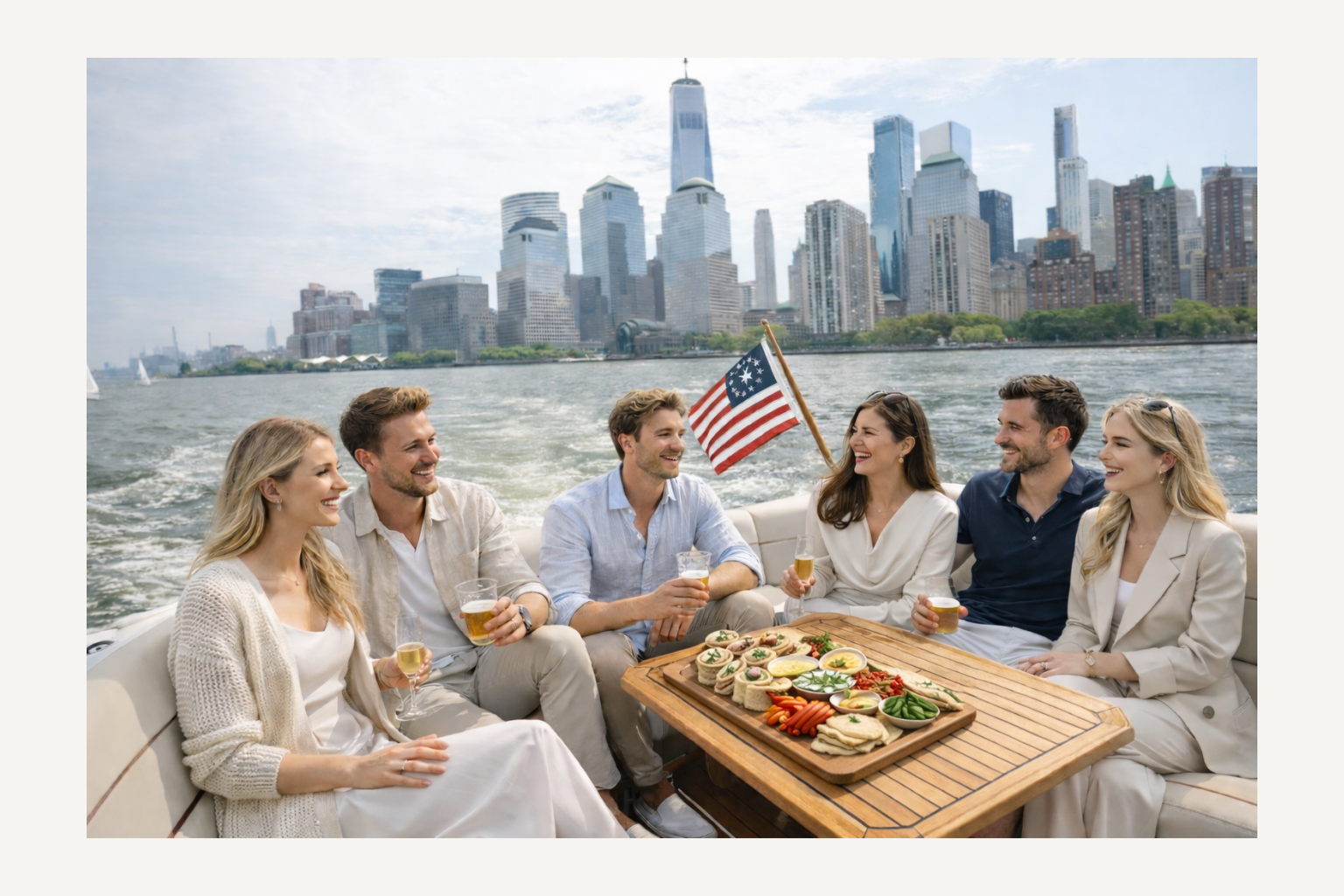 Group of people smiling on a yacht rental with lunch, NYC skyline in the background.