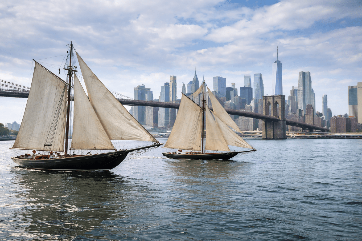 Two sailboats near the Brooklyn Bridge with the New York City skyline in the background during the Sail4th 250 International Parade of Tall Ships