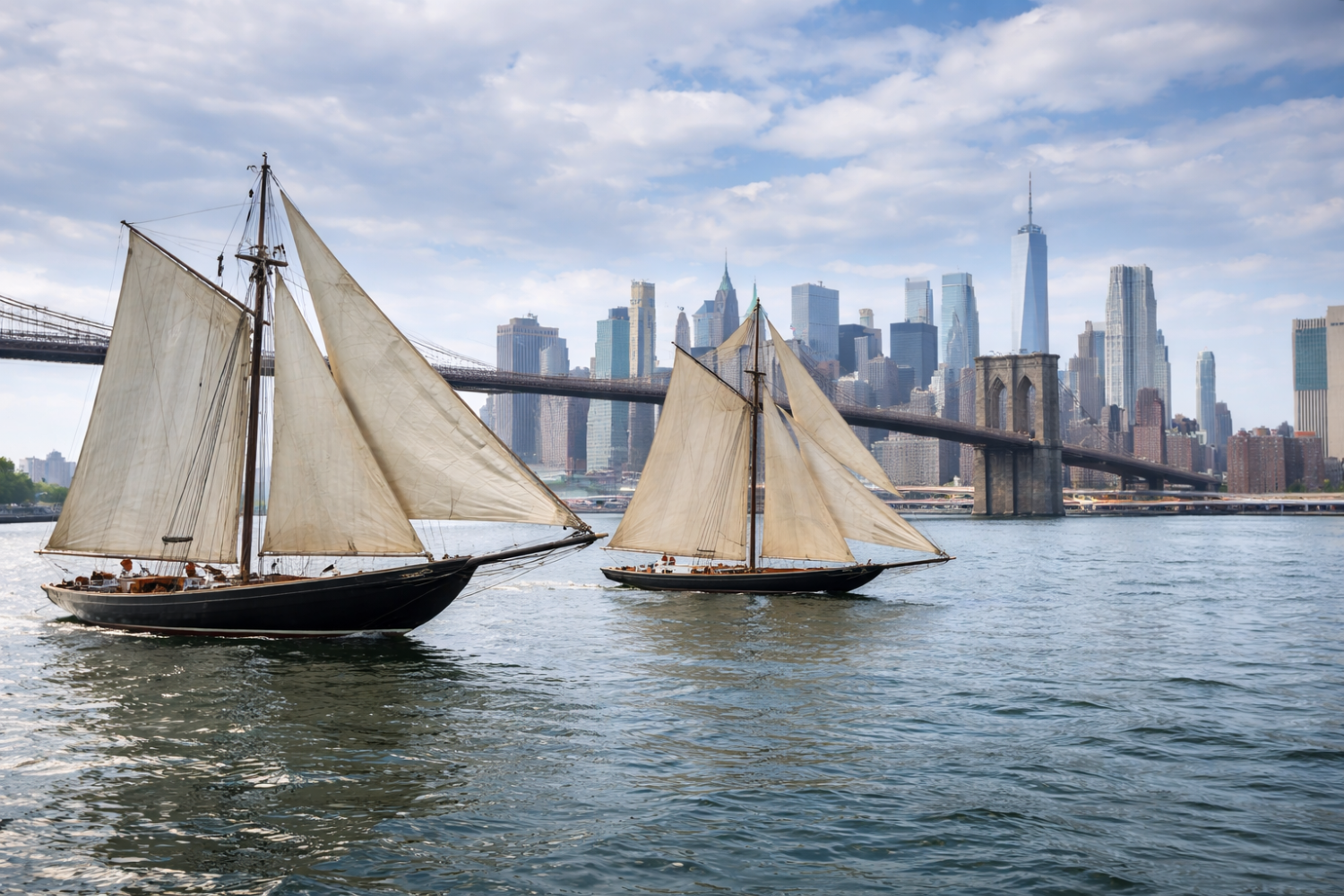 Two sailboats near a city skyline with a large bridge in the background.