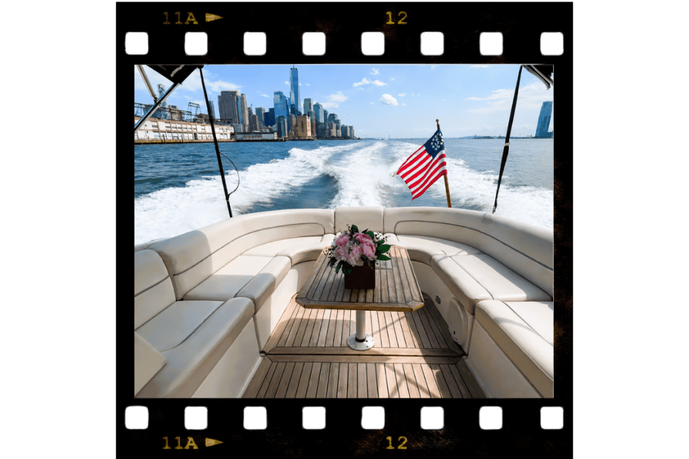 View from the deck of a rent a boat in NYC with seating, flowers, U.S. flag, skyscrapers in background.